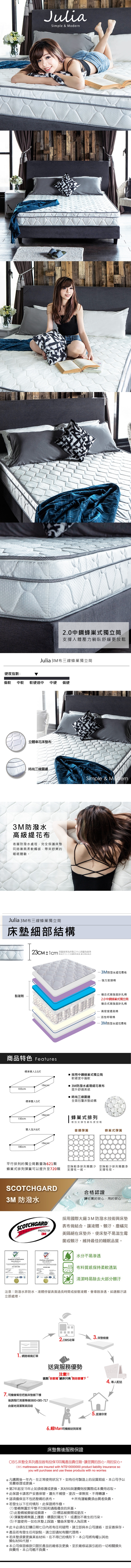 單人床墊 Julia三線3M防潑水蜂巢獨立筒床墊[單人3.5×6.2尺]【obis】